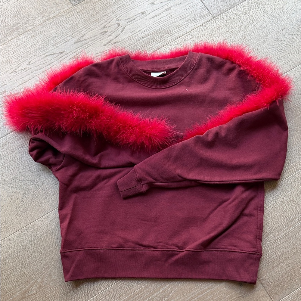 Dries Van Noten Burgundy Sweater with Red Feather Detail